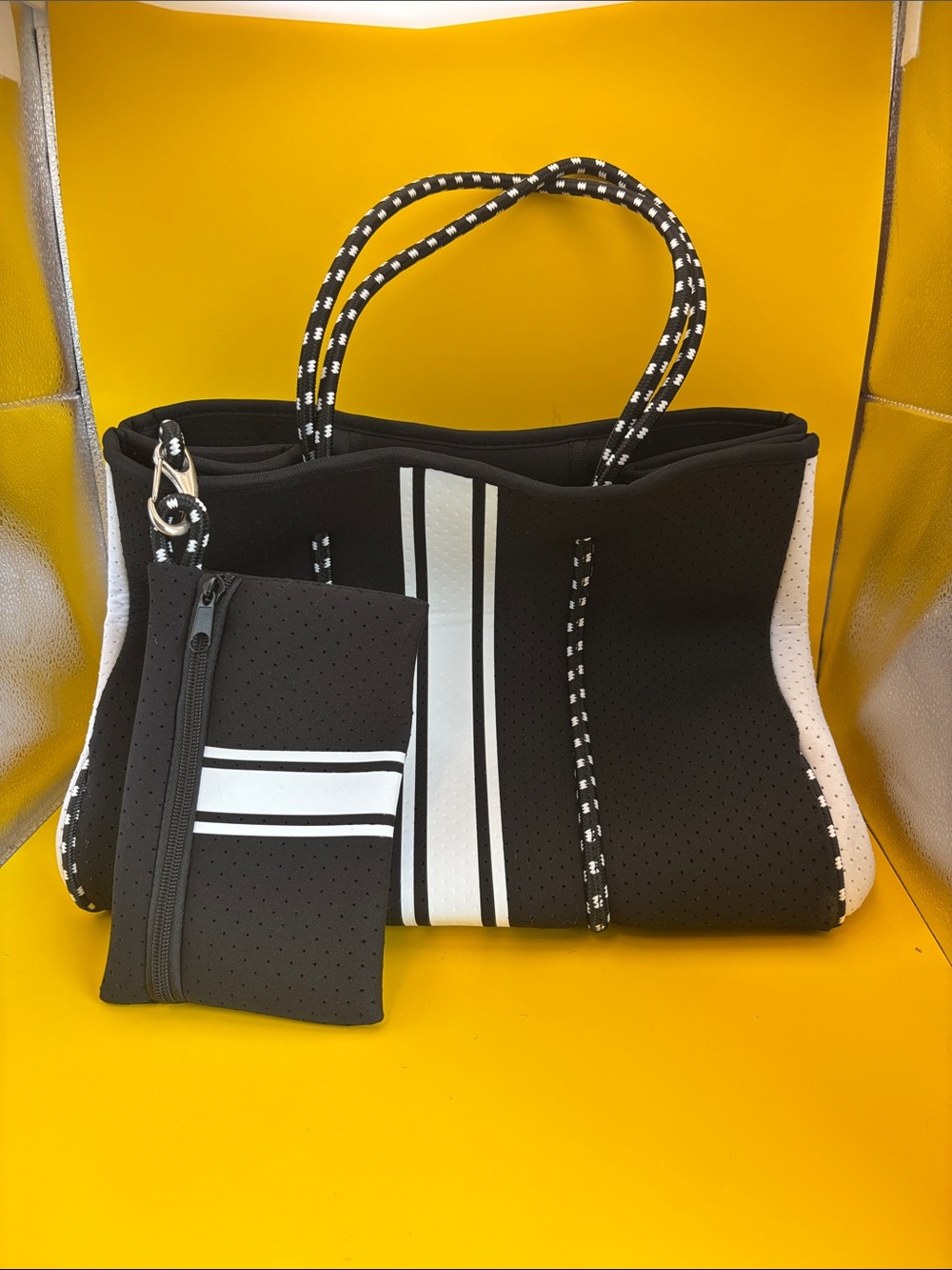 Ryan Marie Black and White Striped Neoprene Tote Bag with Pouch